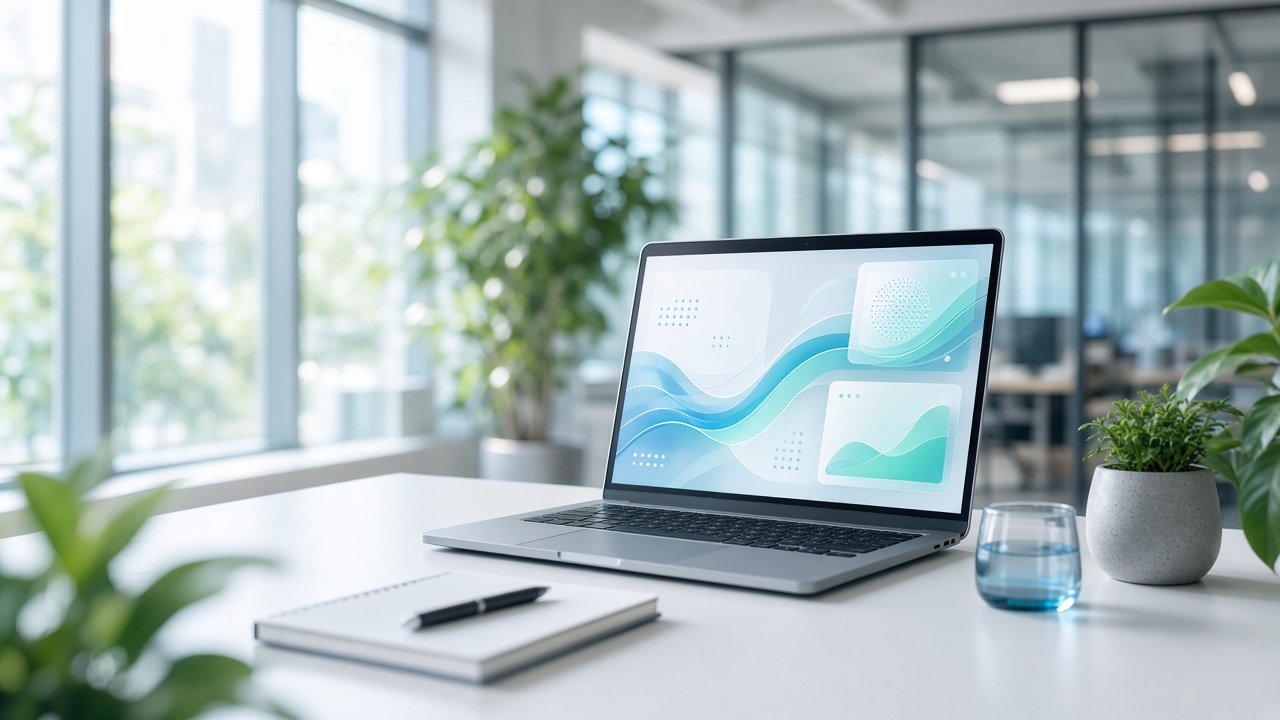 Bright modern workspace with a laptop and soft blue accents