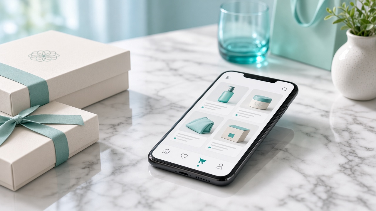 E-commerce shopping experience with smartphone and product packaging